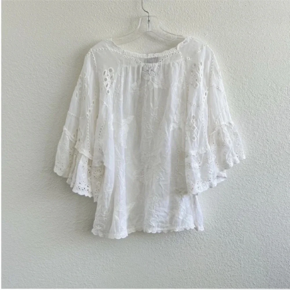 Johnny Was Roman Ruffle Eyelet Blouse White Floral